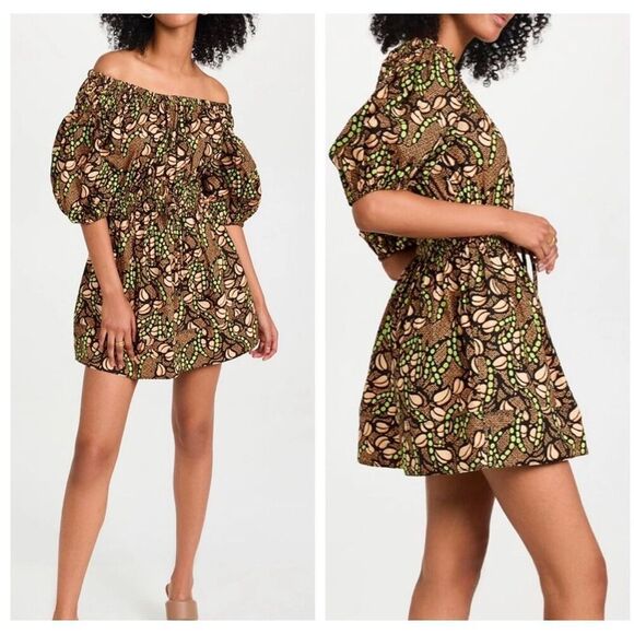 ALC Maya Cotton Green & Brown Coffee Bean Floral Print Mini Dress size 2 - Picture 1 of 6